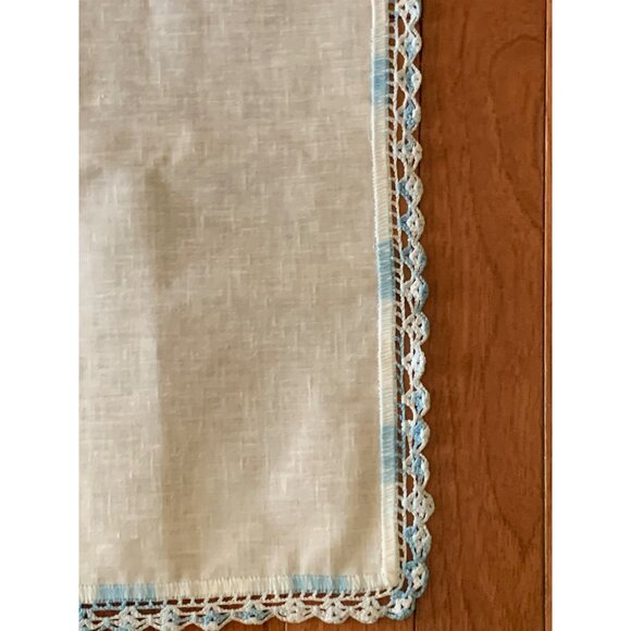 Vintage Linen Table Runners with Blue Crochet Trim 36x12 - Picture 2 of 6